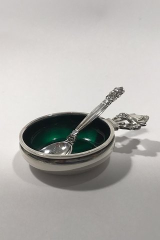 Georg Jensen Sterling Silver Acorn Saltcellar No 62 (Green enamel) and Salt Spoon