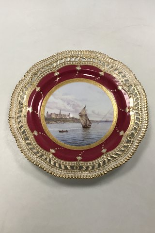 Royal Copenhagen Flora Danica Pattern Plate decorated with motif with ships and 
Kronborg