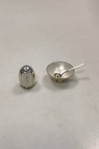 Volmer Bahner Sterling Silver Set with Salt Dish, Spoon and Salt Shaker White 
Enamel