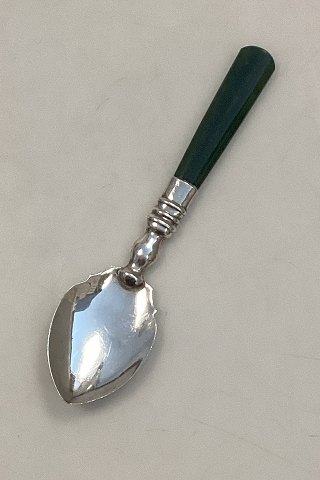 English J.H.W Sterling Silver Sugar Spoon with handle of Green Agat